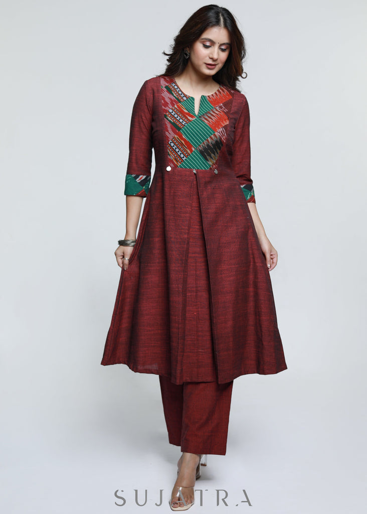 ON-SALE-maroon-pure-handloom-patch-work-kurta-pant-optional