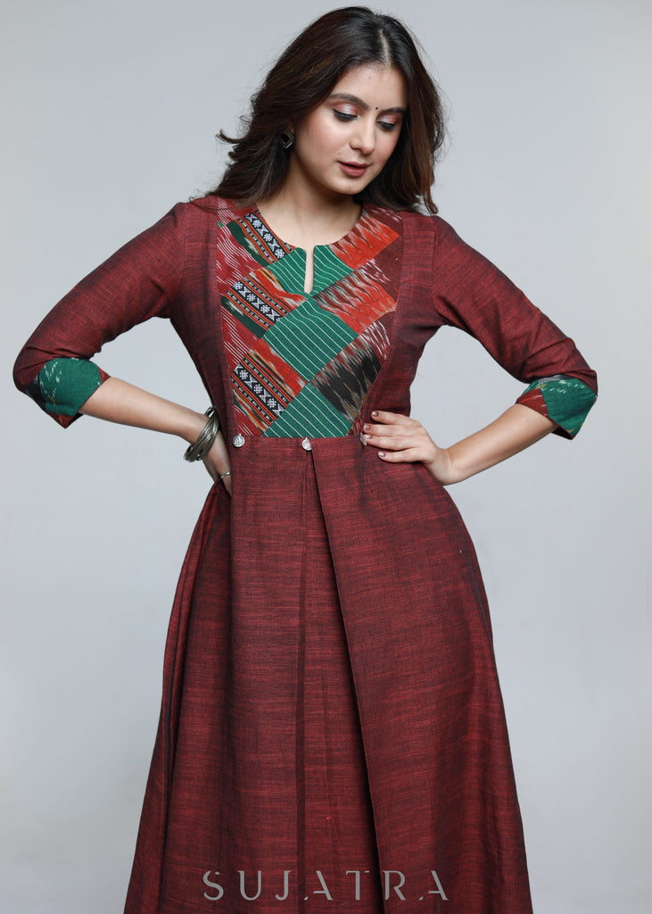 ON-SALE-maroon-pure-handloom-patch-work-kurta-pant-optional