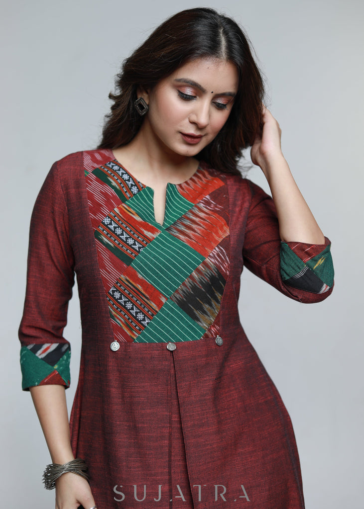 ON-SALE-maroon-pure-handloom-patch-work-kurta-pant-optional