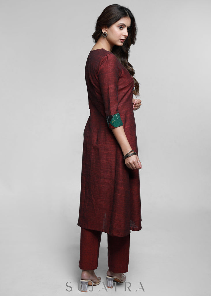 ON-SALE-maroon-pure-handloom-patch-work-kurta-pant-optional