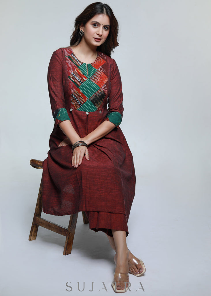 ON-SALE-maroon-pure-handloom-patch-work-kurta-pant-optional