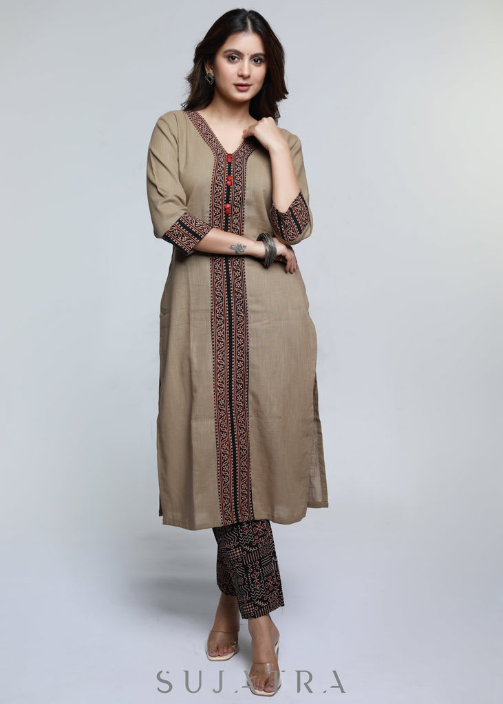 ON-SALE-cement-colour-cotton-ajrakh-combination-kurta-pant-optional