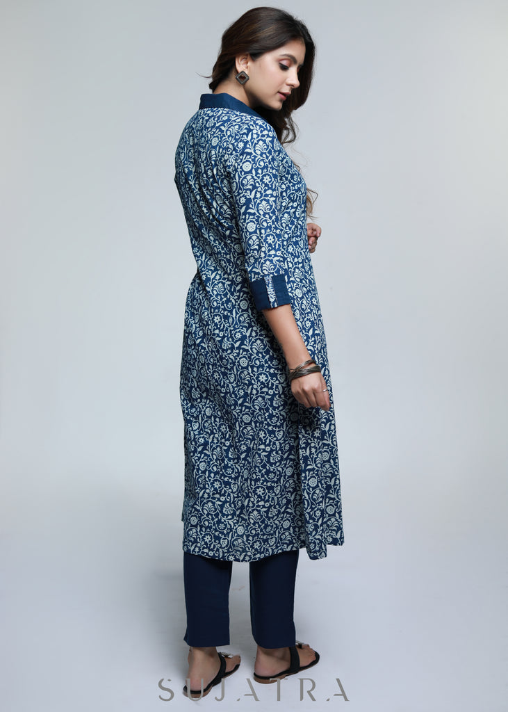 Cotton Indigo Shirt Styled Kurta-Pant Optional