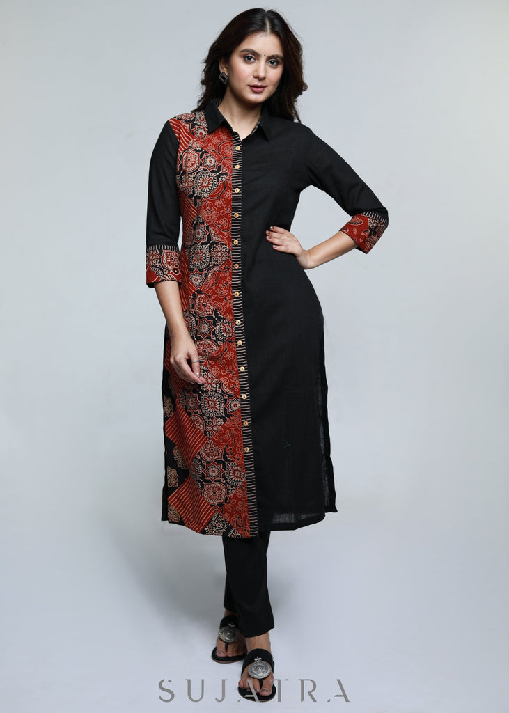 ON-SALE-black-cotton-shirt-styled-kurta-with-ajrakh-patch-work-pant-optional