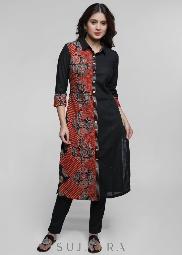 ON-SALE-black-cotton-shirt-styled-kurta-with-ajrakh-patch-work-pant-optional