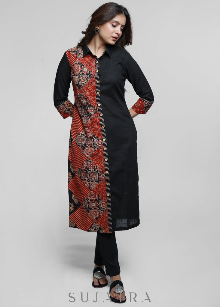 ON-SALE-black-cotton-shirt-styled-kurta-with-ajrakh-patch-work-pant-optional