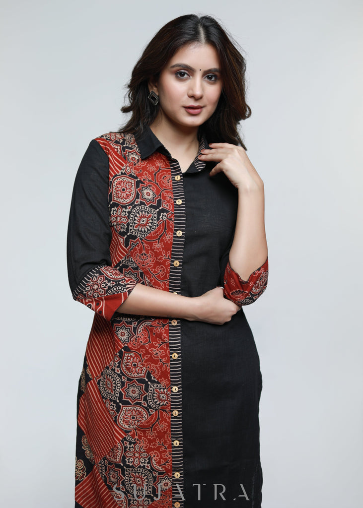 ON-SALE-black-cotton-shirt-styled-kurta-with-ajrakh-patch-work-pant-optional