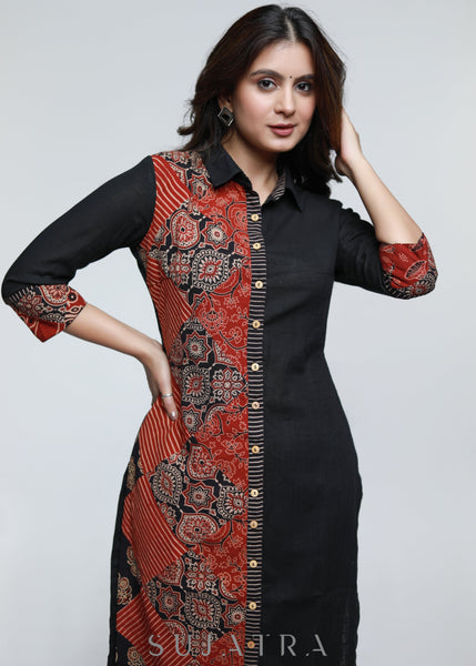 ON-SALE-black-cotton-shirt-styled-kurta-with-ajrakh-patch-work-pant-optional