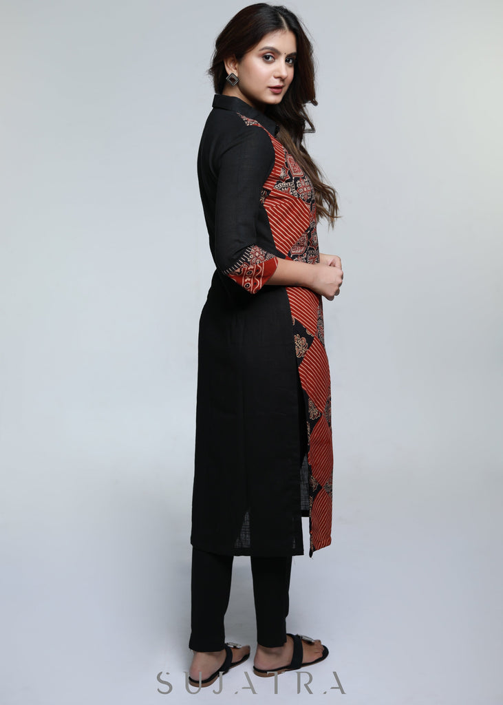 ON-SALE-black-cotton-shirt-styled-kurta-with-ajrakh-patch-work-pant-optional