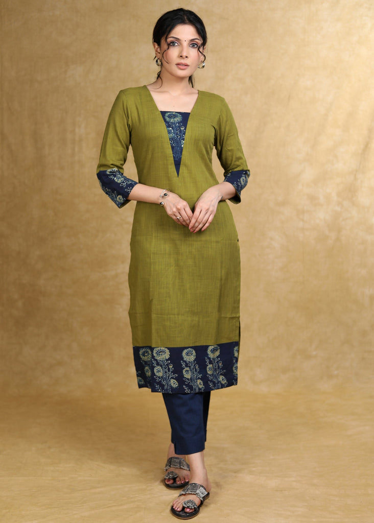 ON-SALE-classy-moss-green-cotton-kurta-with-blue-floral-combination