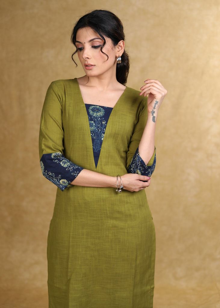 ON-SALE-classy-moss-green-cotton-kurta-with-blue-floral-combination