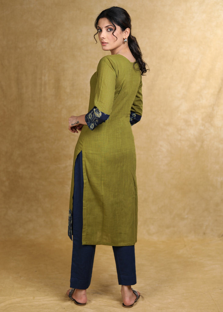 ON-SALE-classy-moss-green-cotton-kurta-with-blue-floral-combination