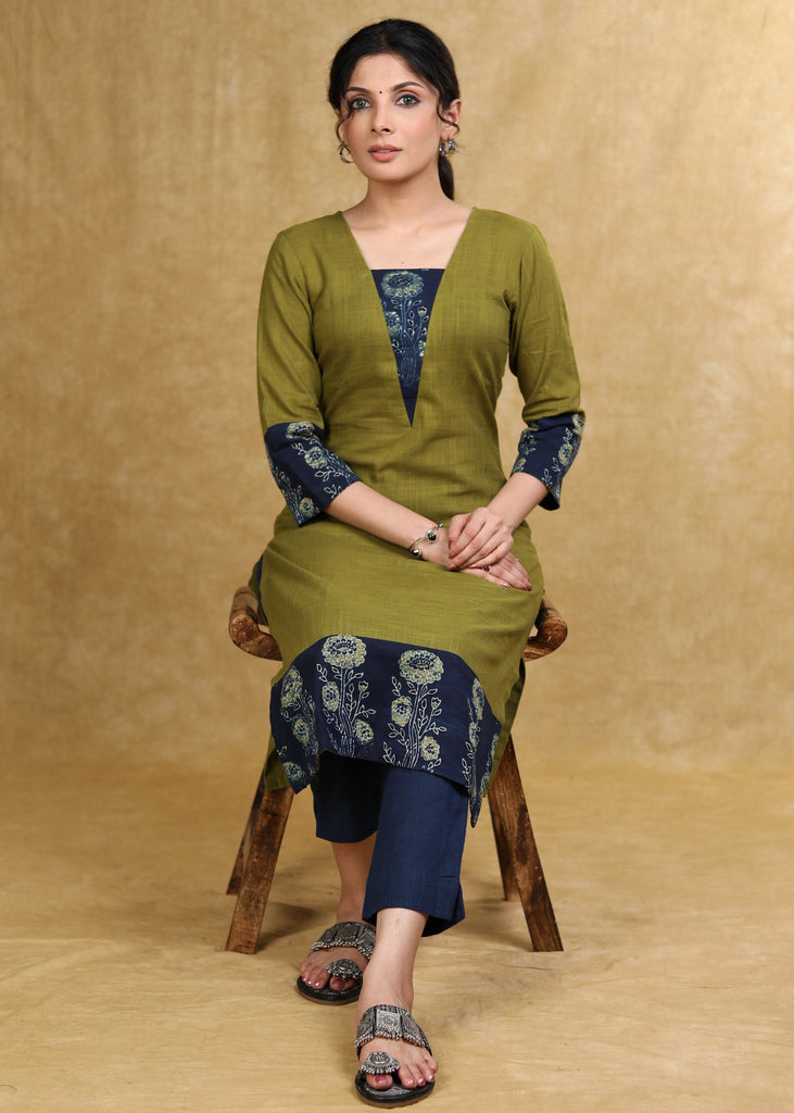 ON-SALE-classy-moss-green-cotton-kurta-with-blue-floral-combination