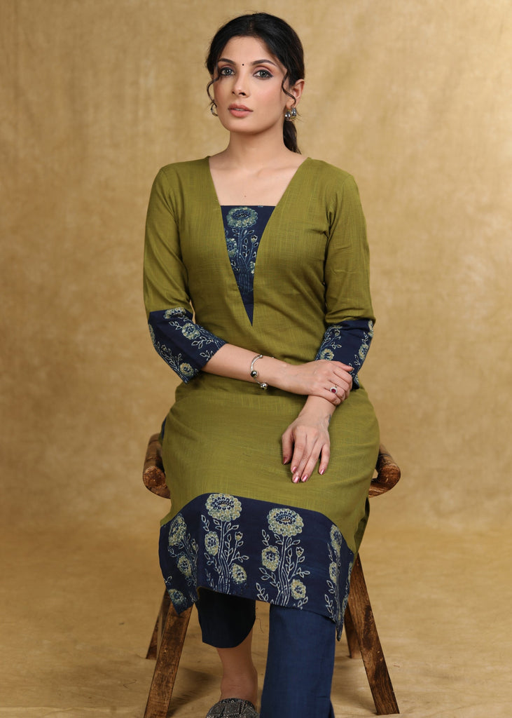 ON-SALE-classy-moss-green-cotton-kurta-with-blue-floral-combination