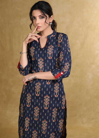 Elegant Blue Printed Ajrakh Straight Cut Kurta