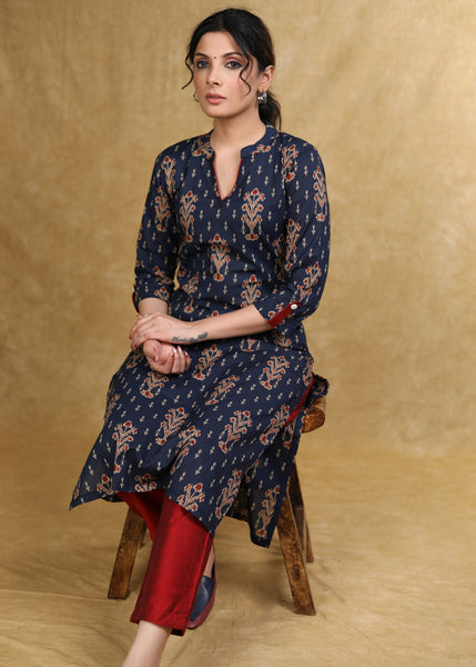 Elegant Blue Printed Ajrakh Straight Cut Kurta