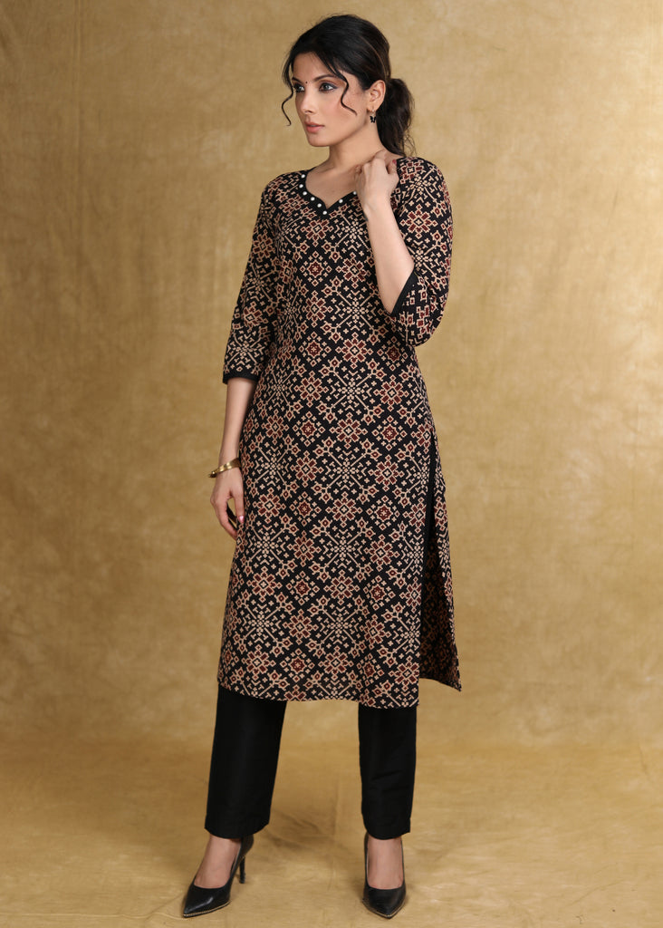 Easy To Wear Black Cotton Ajrakh Straight Cut Kurta with Pearl Embellishment