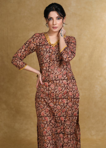 Pure Kalamkari Straight Cut Kurti with Pearls on the Neck