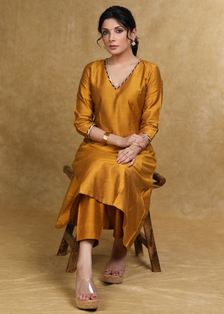 ON-SALE-ethnic-mustard-cotton-silk-a-line-kurti-highlighted-with-gotta-patti-coord-pant-optional