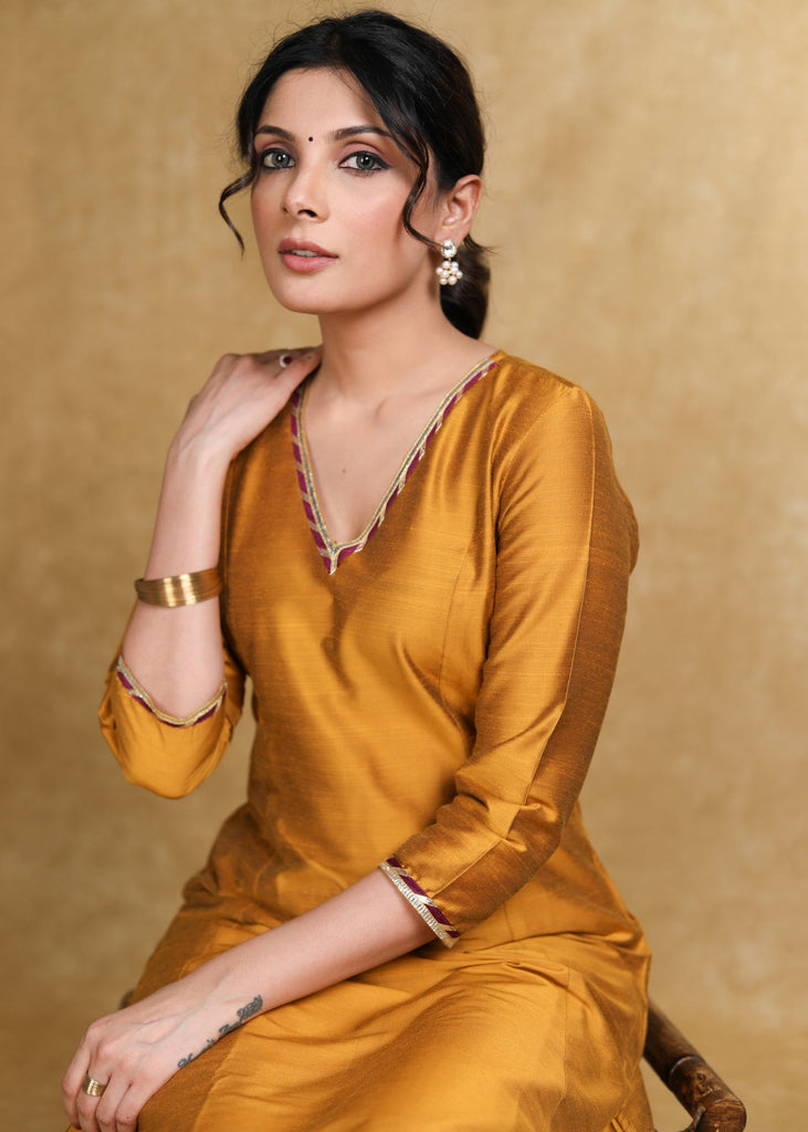 ON-SALE-ethnic-mustard-cotton-silk-a-line-kurti-highlighted-with-gotta-patti-coord-pant-optional