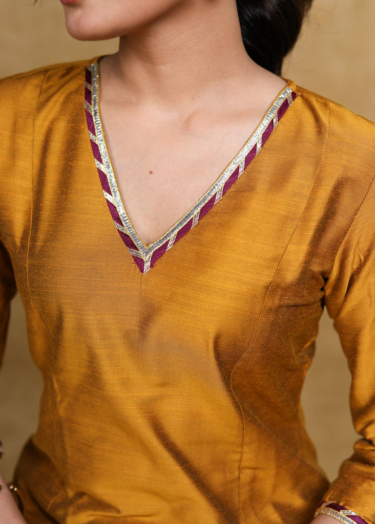 ON-SALE-ethnic-mustard-cotton-silk-a-line-kurti-highlighted-with-gotta-patti-coord-pant-optional