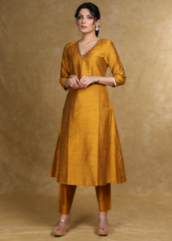 ON-SALE-ethnic-mustard-cotton-silk-a-line-kurti-highlighted-with-gotta-patti-coord-pant-optional