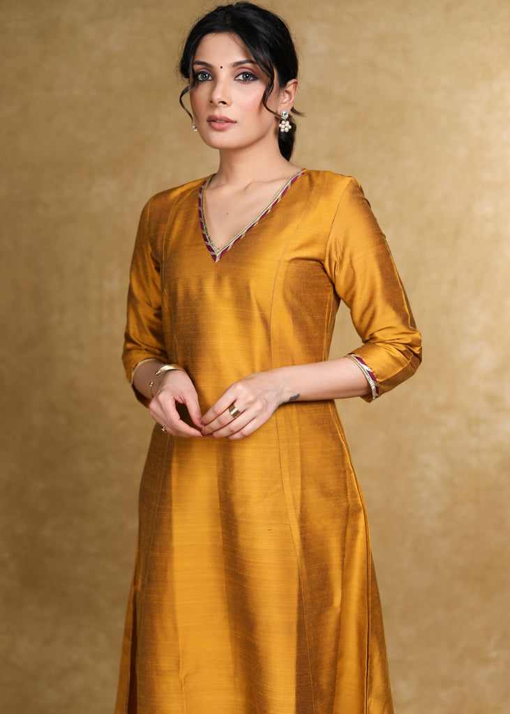 ON-SALE-ethnic-mustard-cotton-silk-a-line-kurti-highlighted-with-gotta-patti-coord-pant-optional