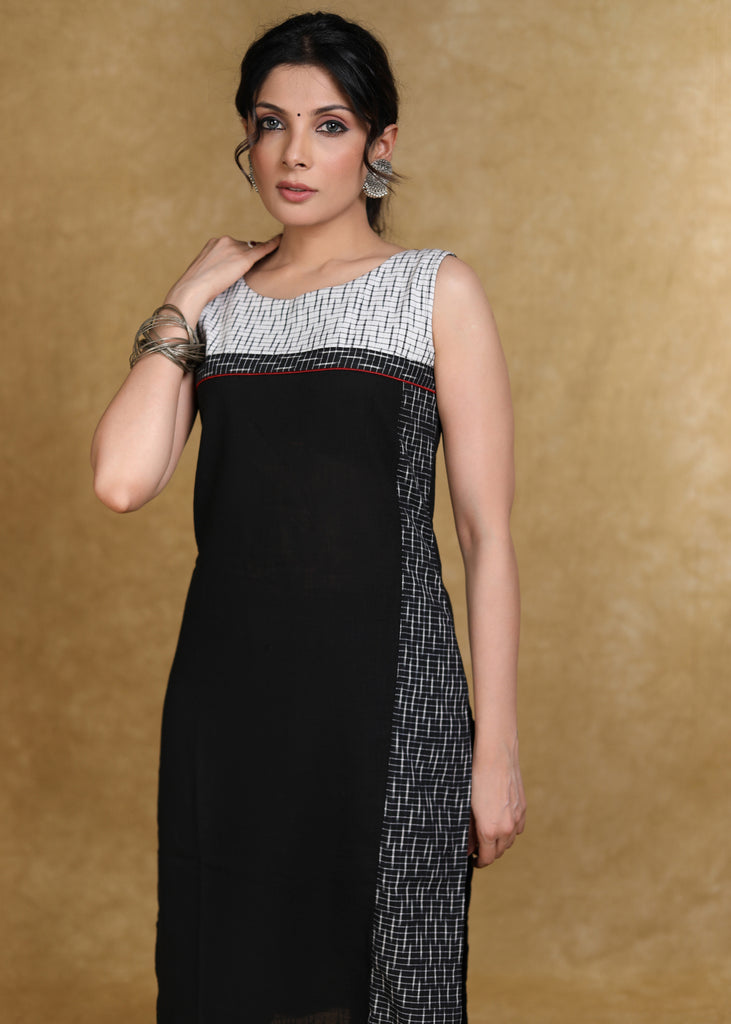 Elegant Black Cotton and Ikat Combination Kurti – Sujatra