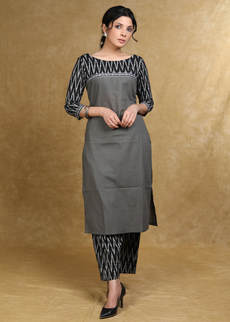 Smart Gray Cotton Kurta with Black Ikat Combination