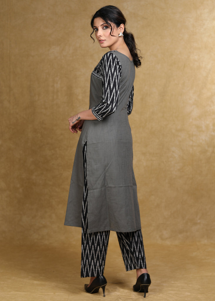 Smart Gray Cotton Kurta with Black Ikat Combination