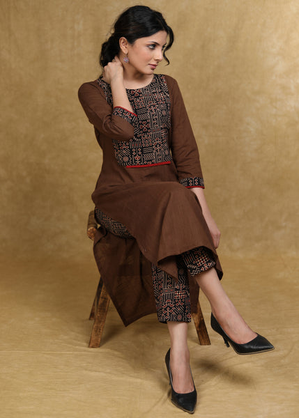 Trendy Coffee Brown Cotton Kurta with Ajrakh Yoke