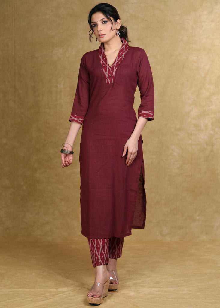 ON-SALE-smart-maroon-cotton-kurta-with-ikat-detailing