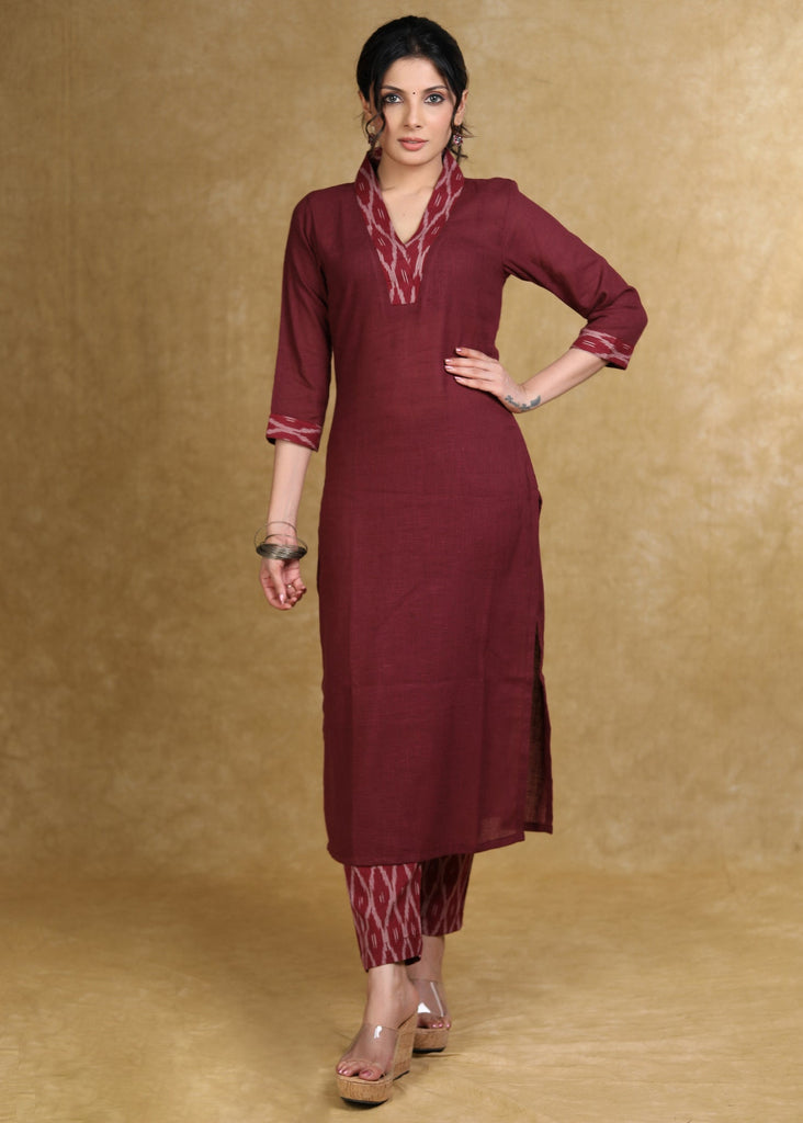 ON-SALE-smart-maroon-cotton-kurta-with-ikat-detailing