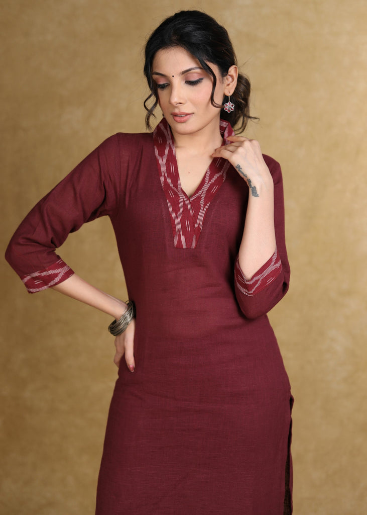 ON-SALE-smart-maroon-cotton-kurta-with-ikat-detailing