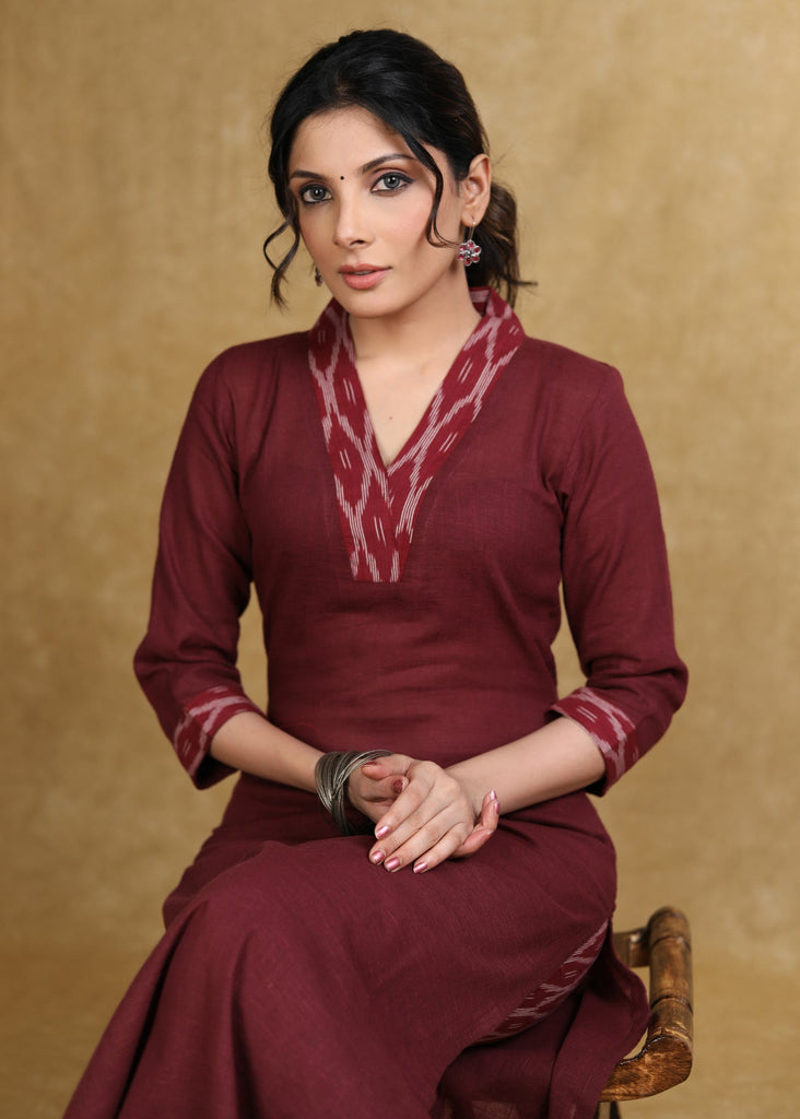 ON-SALE-smart-maroon-cotton-kurta-with-ikat-detailing