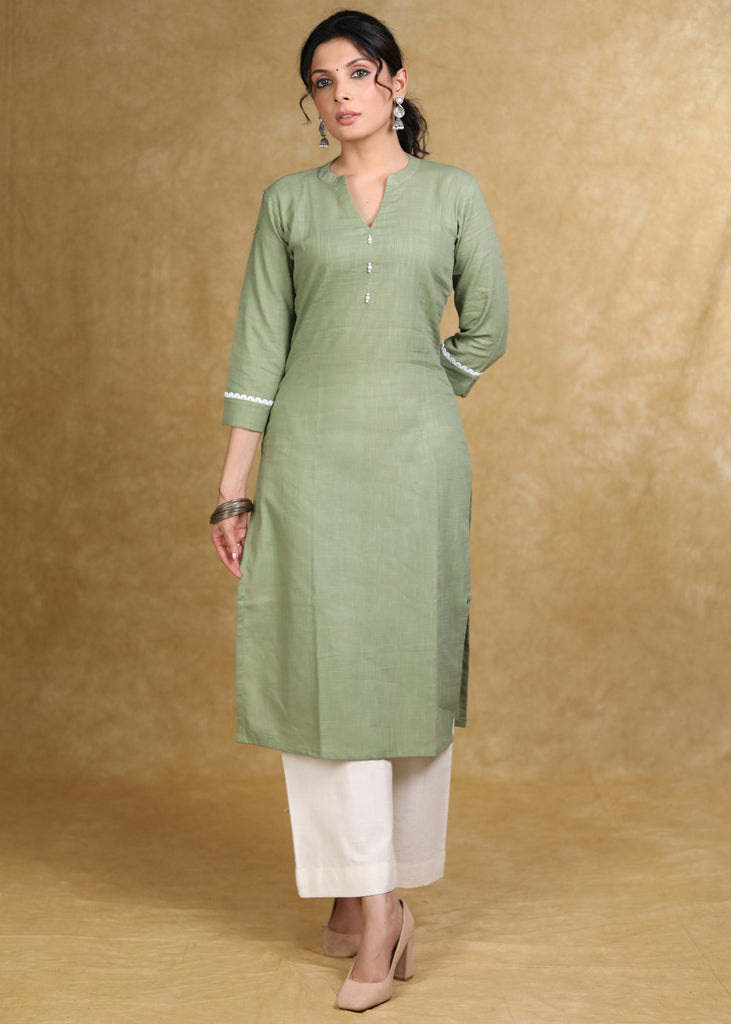 ON-SALE-classy-olive-green-cotton-straight-cut-kurta-with-white-laces