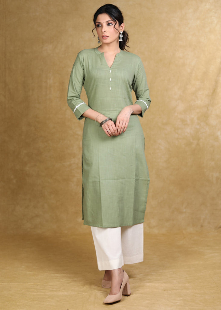 ON-SALE-classy-olive-green-cotton-straight-cut-kurta-with-white-laces