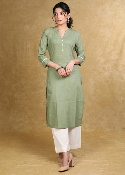 Classy Olive Green Cotton Straight Cut Kurta with White Laces