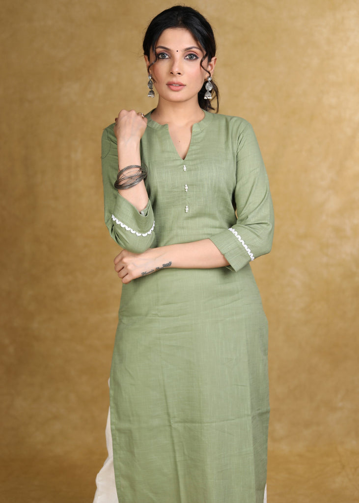 ON-SALE-classy-olive-green-cotton-straight-cut-kurta-with-white-laces