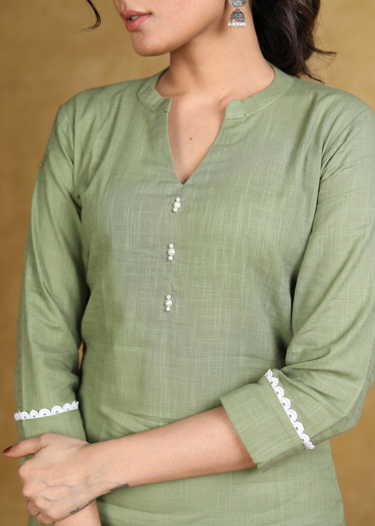 ON-SALE-classy-olive-green-cotton-straight-cut-kurta-with-white-laces