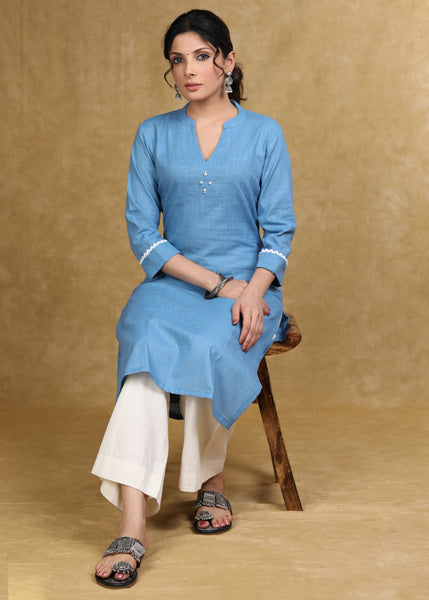 Classy Powder Blue Cotton Straight Cut Kurta with White Laces