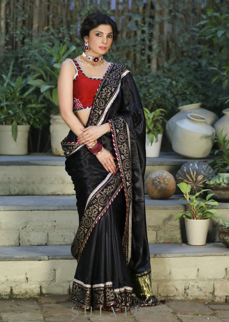 Buy Black Saree In Art Handloom Silk With Woven Multi Colored Peacock  Motifs On The Border, Floral Buttis And Unstitched Blouse KALKI Fashion  India