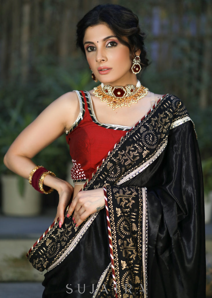 Elegant Black Modal Silk Saree with Golden Border Highlighted with Lace