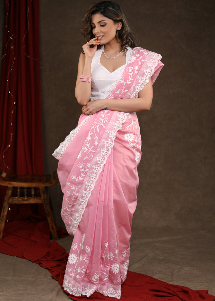 Buy APAAPI THREADS OF GLORY Pink chanderi saree with ethnic motif blouse  online