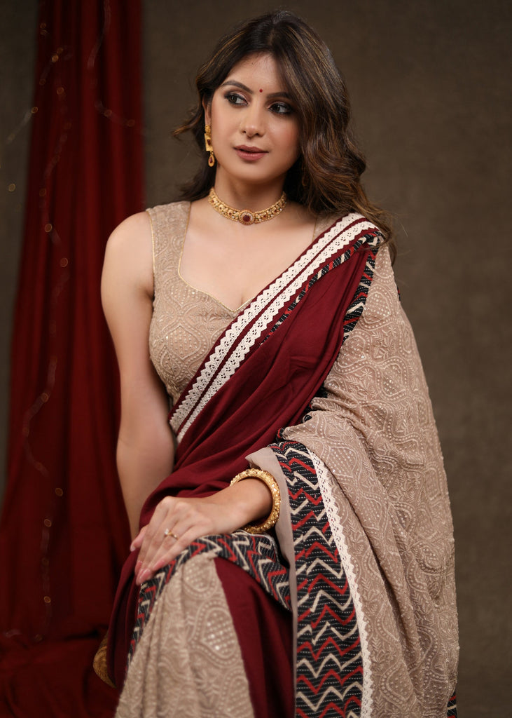 Designer Mulberry Purple Rayon Saree with Embroidery Combination Highlighted with Delicate Lace