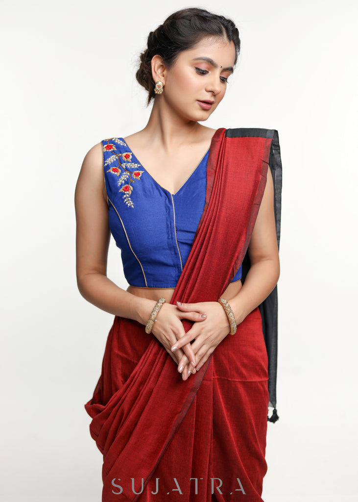 Royal Blue Hand Embroidered Cotton Silk Sleeveless Blouse