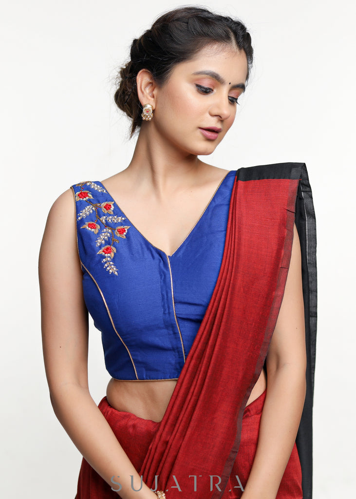 Royal Blue Hand Embroidered Cotton Silk Sleeveless Blouse