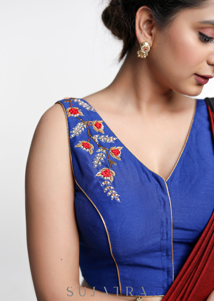 Royal Blue Hand Embroidered Cotton Silk Sleeveless Blouse