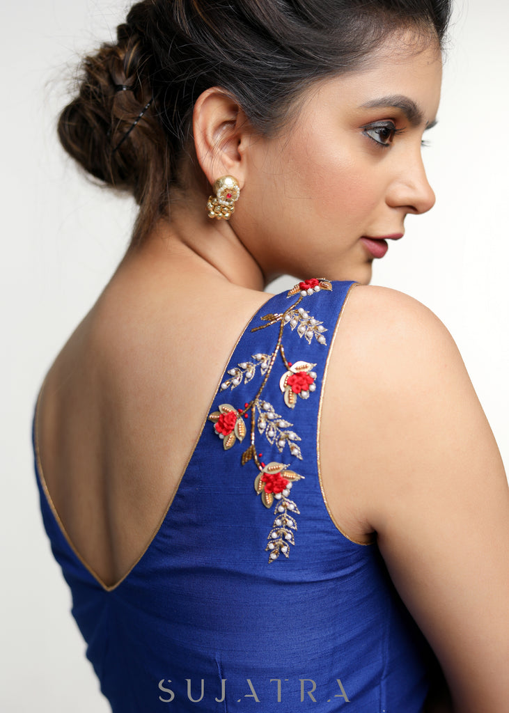 Royal Blue Hand Embroidered Cotton Silk Sleeveless Blouse