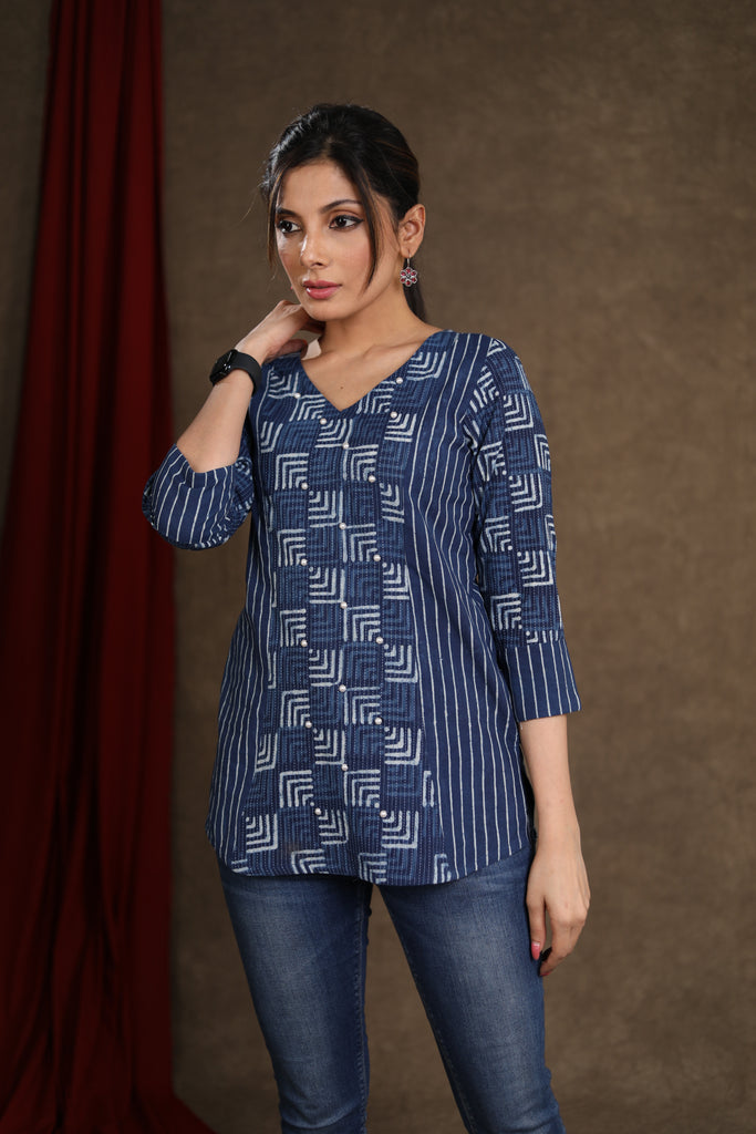 Casual Cotton Indigo Combination Top